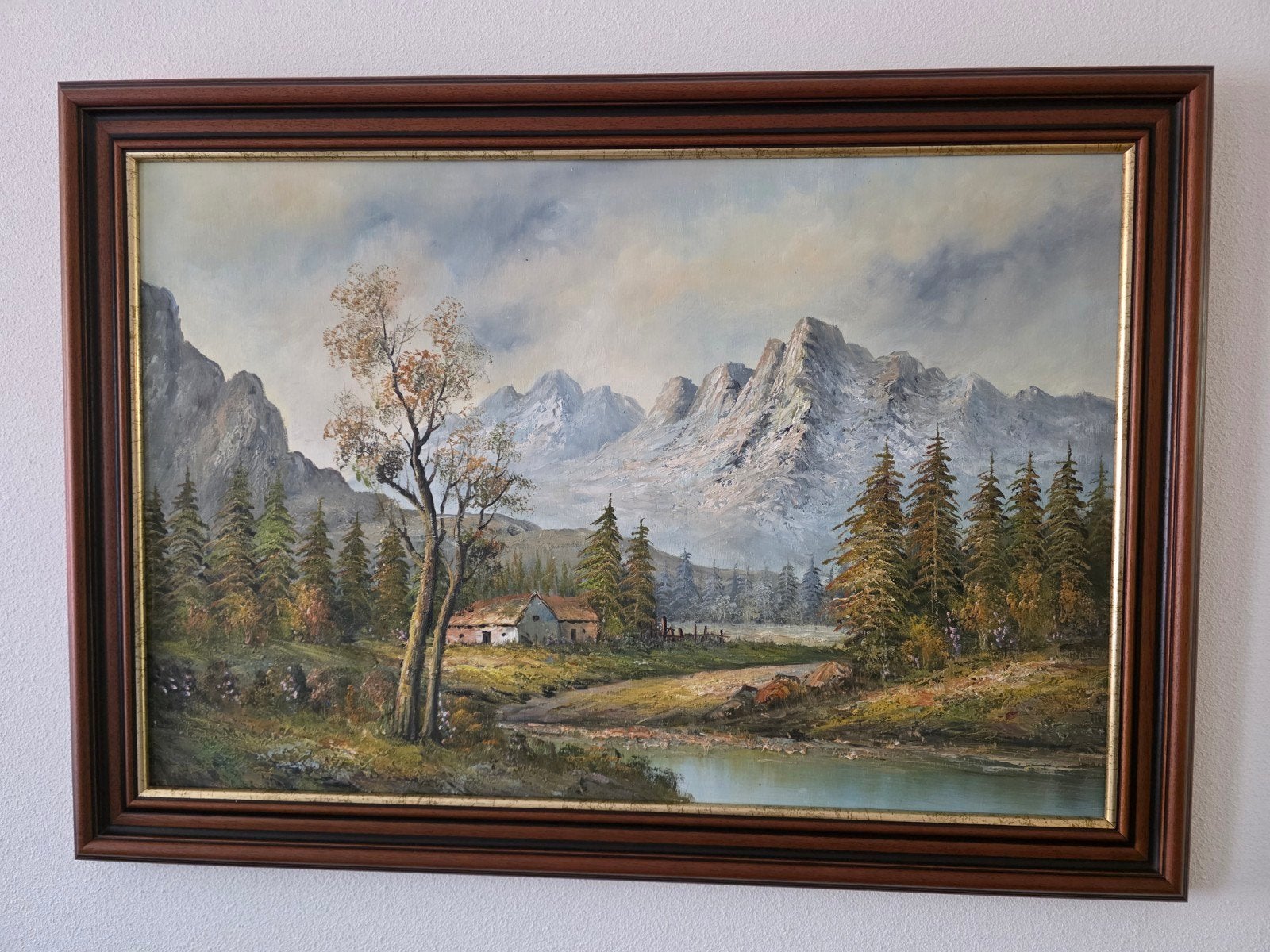 Schilderij berglandschap met huisje en water, Ophalen, Klassiek, Ingelijst, Landschap