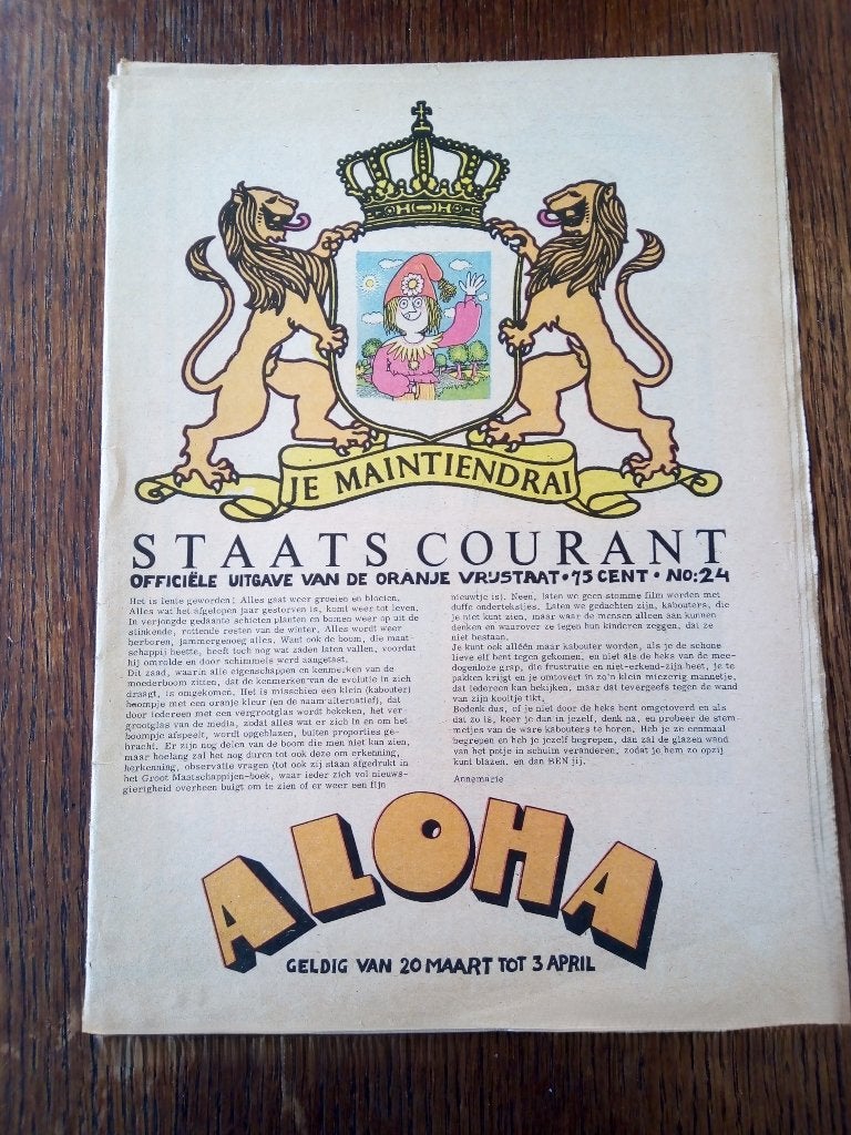 Aloha No. 24 - Staatscourant der Oranje Vrijstaat (1970), Ophalen of Verzenden, Gelezen, Muziek, Film of Tv