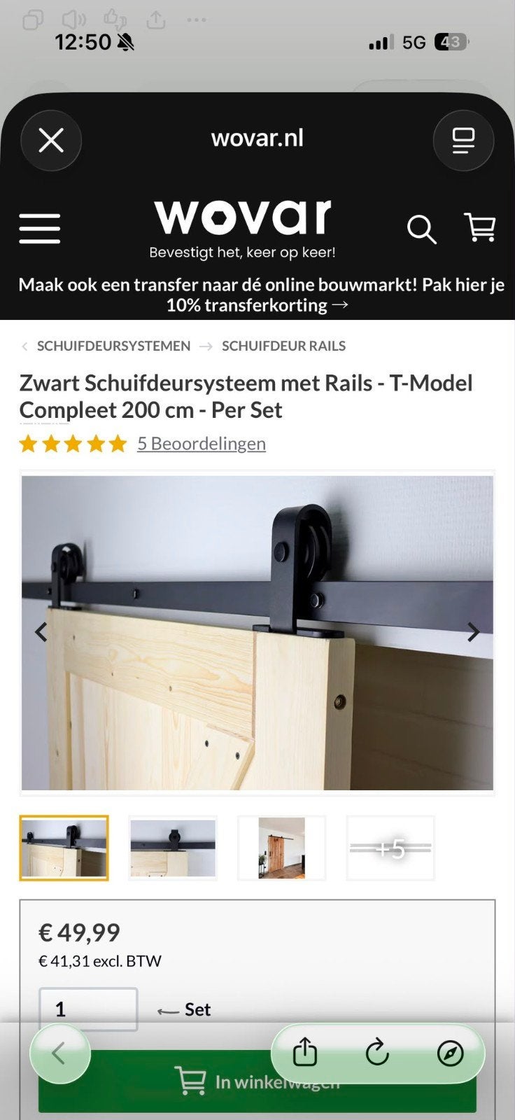 Zwart Schuifdeursysteem met Rails - T-Model 200 cm, Doe-het-zelf en Verbouw, Binnendeur, Nieuw, Ophalen of Verzenden, Schuifdeur