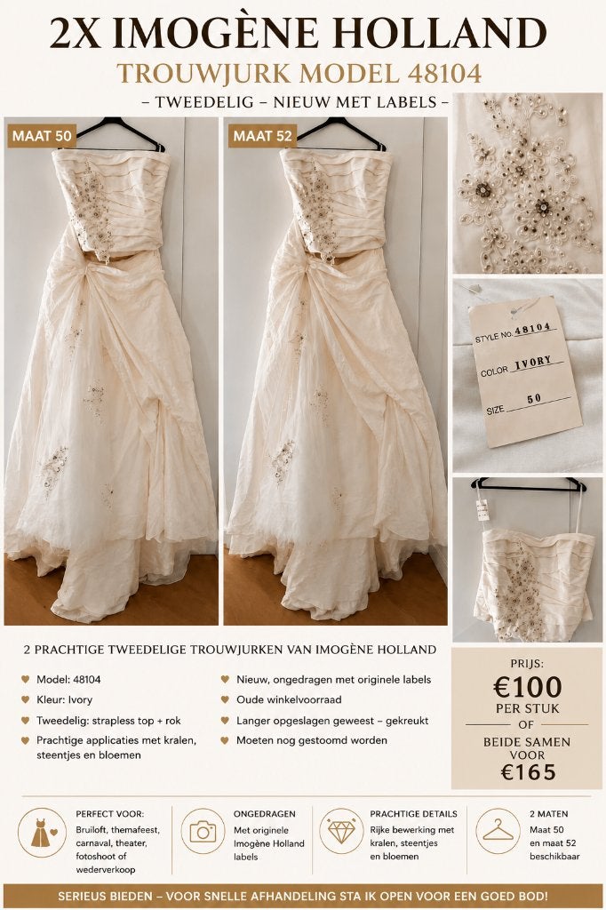 2x Imogène trouwjurk maat 50 & 52 | tweedelig | nieuw, Trouwjurk, Wit, Nieuw, Ophalen of Verzenden