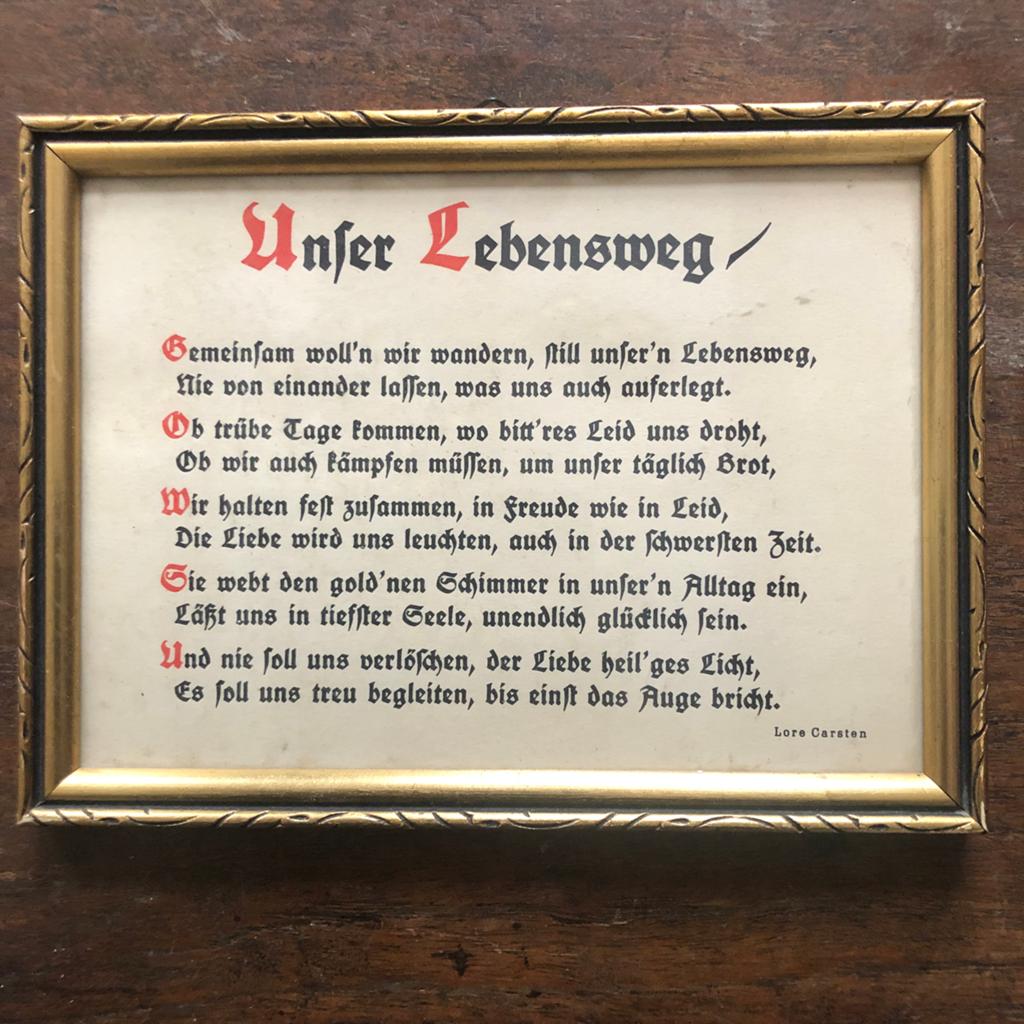 Vintage ingelijste print Duits gedicht 'Unser Lebensweg', Ophalen of Verzenden, Zo goed als nieuw