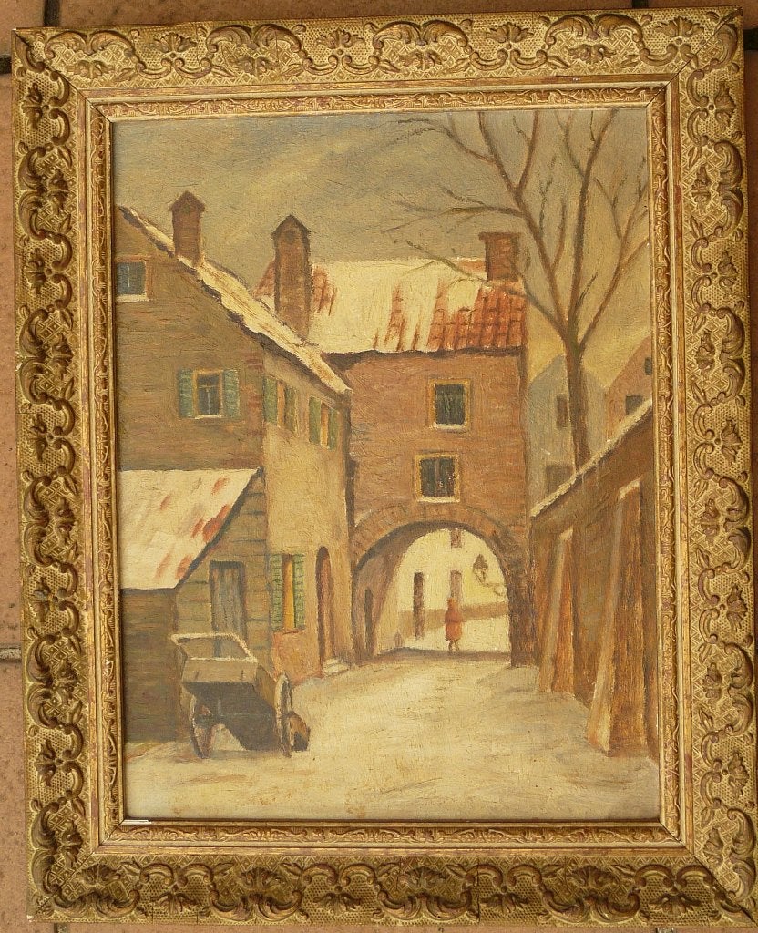 Nederlands stadsgezicht met muurhuizen en poortdoorgang, Antiek en Kunst, Kunst | Schilderijen | Klassiek, Paneel, Nederlandse school