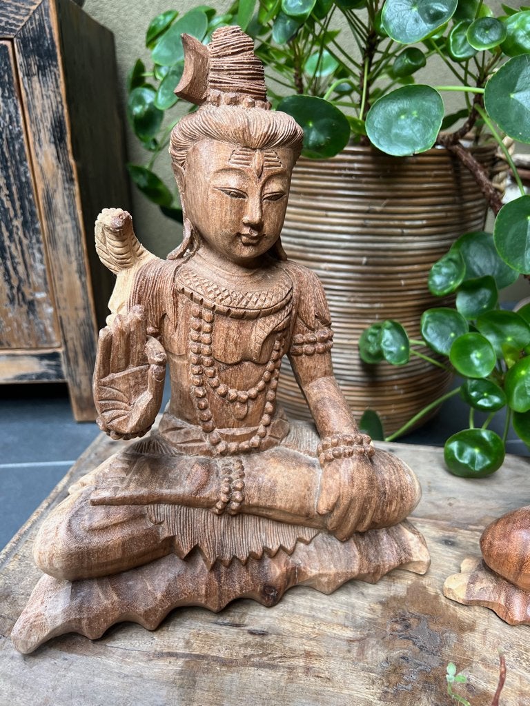 Shiva houtsnijwerk boeddha beeld massief teak handwerk 33 cm, Antiek en Kunst, Kunst | Beelden en Houtsnijwerken, Handgemaakt