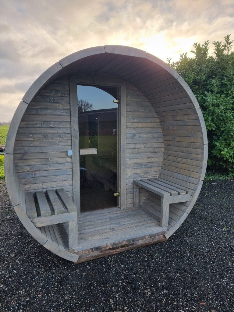 Nieuwe barrel sauna in 3m compleet met 2 achterramen!, Sport en Fitness, Sauna, Ophalen, Nieuw, Fins of Traditioneel, Complete sauna