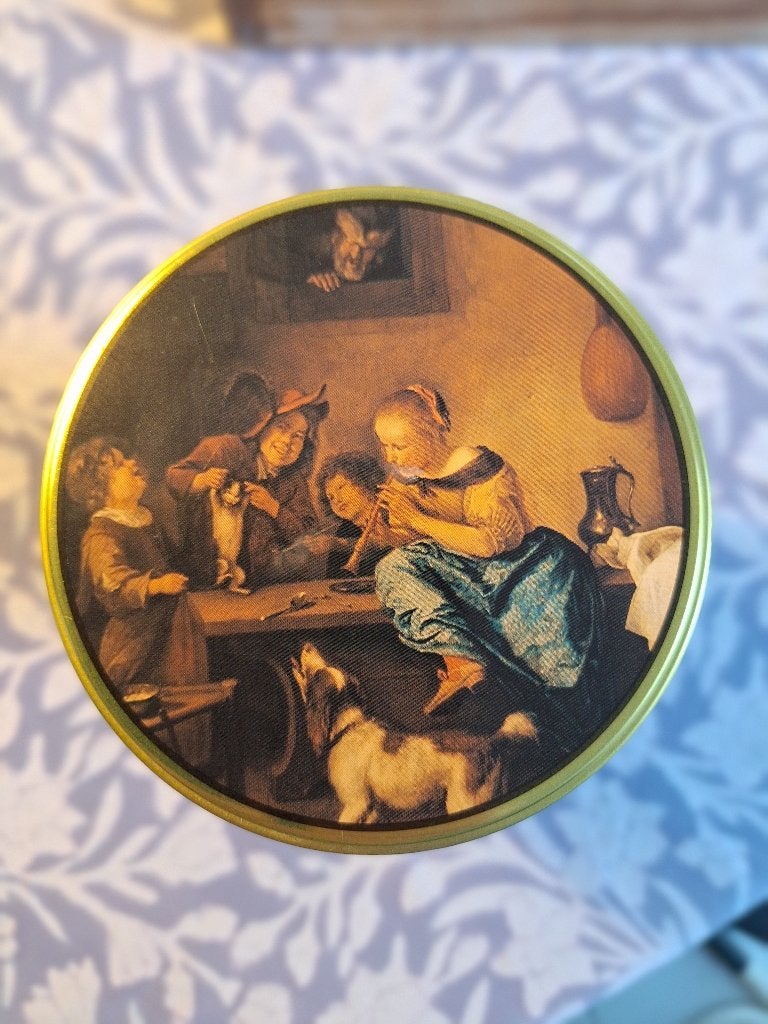 Vintage blik "De Dansles" met schilderij van Jan Steen, Verzamelen, Ophalen of Verzenden, Gebruikt, Koek(jes), Overige merken
