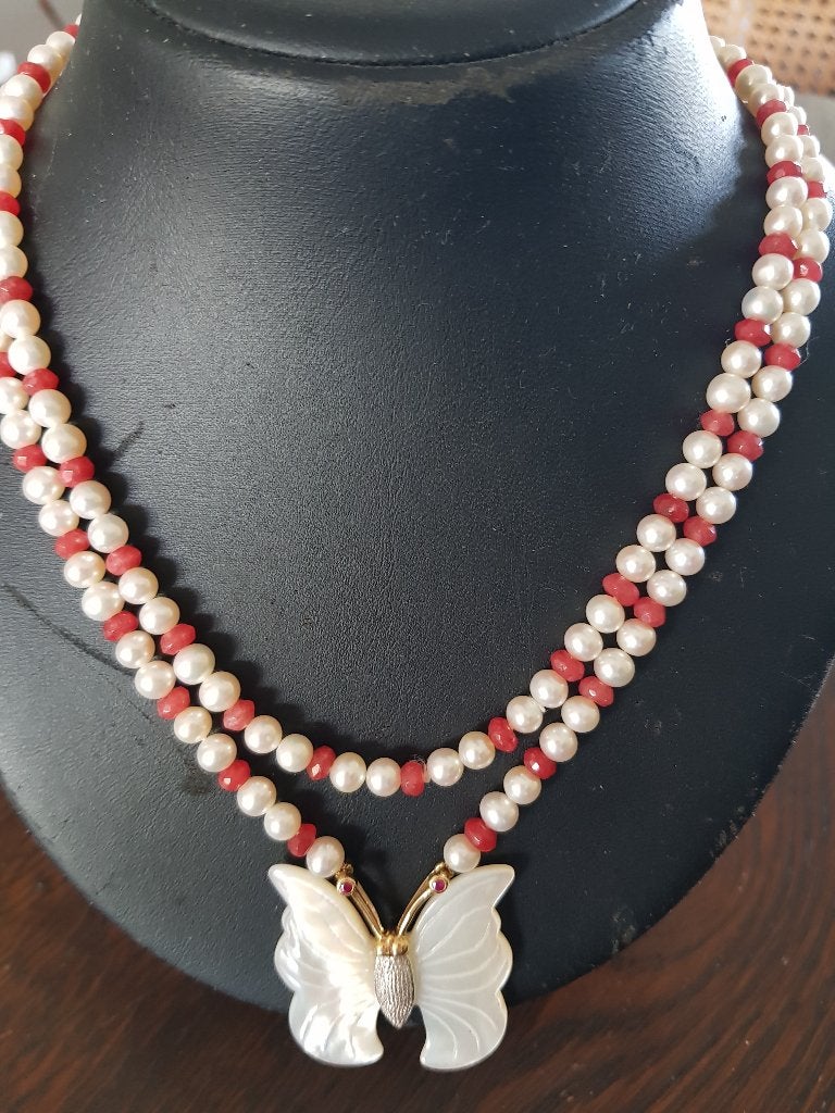 fraai lang collier van echte parels + gefacetteerde robijnen, Sieraden, Tassen en Uiterlijk, Kettingen, Nieuw, Ophalen of Verzenden