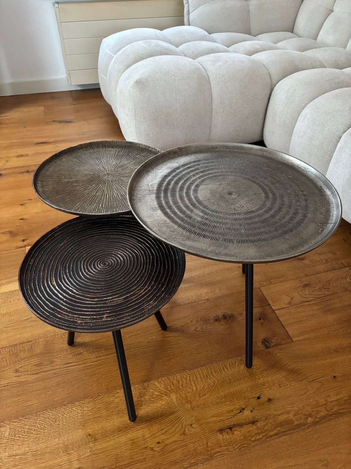 Maisons du Monde -Set van 3 metalen bijzettafels/ salontafel, Ophalen, Minder dan 50 cm, Gebruikt, Rond