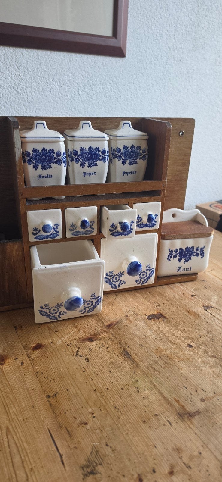Vintage kruidenrekje met Delfts blauw keramiek, Antiek en Kunst, Ophalen