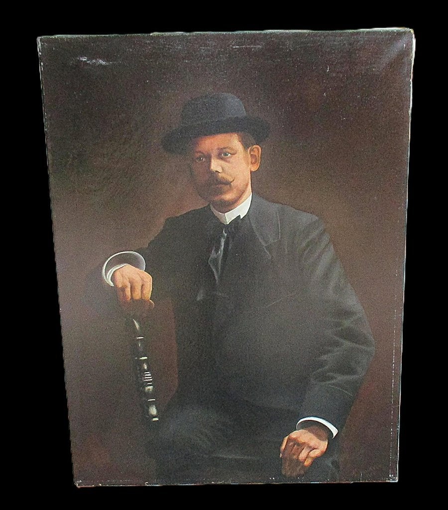 Groot portret van man met bolhoed ,Gesigneerd , date 1903, Antiek en Kunst, Kunst | Schilderijen | Klassiek, Ophalen, Doek, Portret of Personen