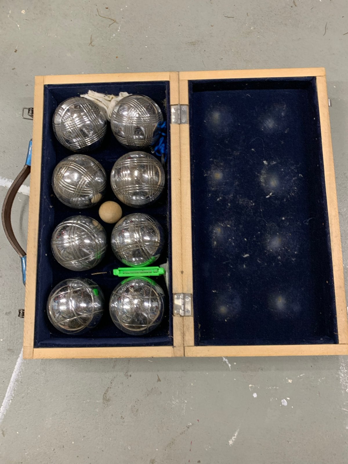 Oude set jeu de boules ballen in houten kist, Ophalen of Verzenden, Gebruikt