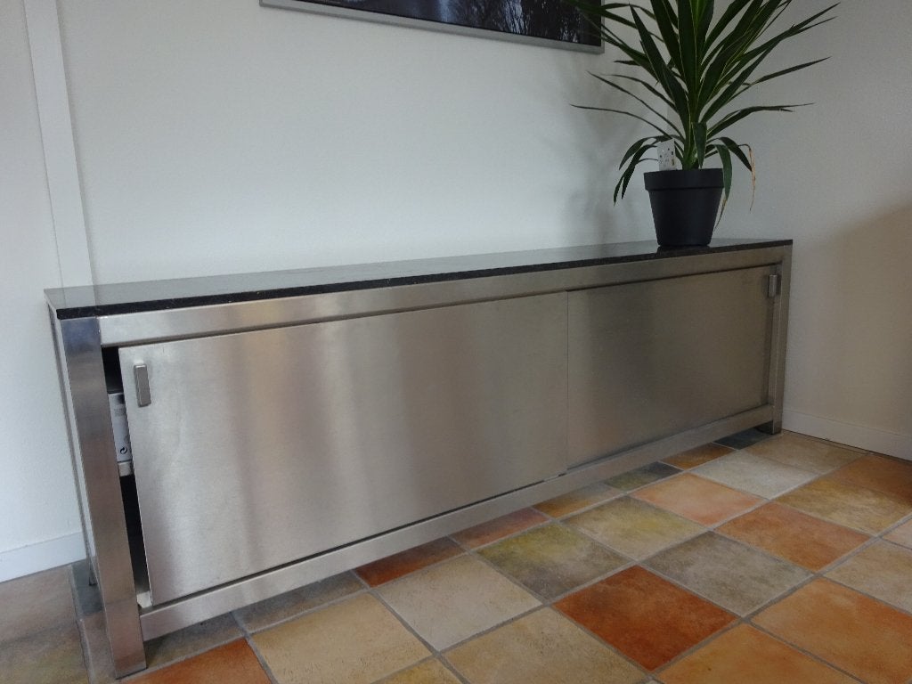RVS dressoir met natuursteen blad, Ophalen, 200 cm of meer, Metaal, Modern