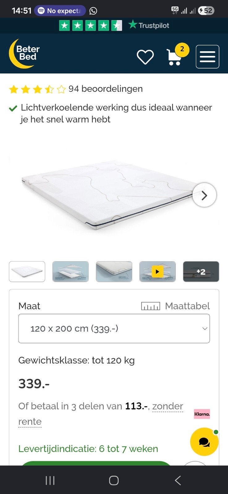 Nieuw topdekmatras 120x200 cm, geleverd in maart, Huis en Inrichting, Slaapkamer | Matrassen en Bedbodems, Ophalen