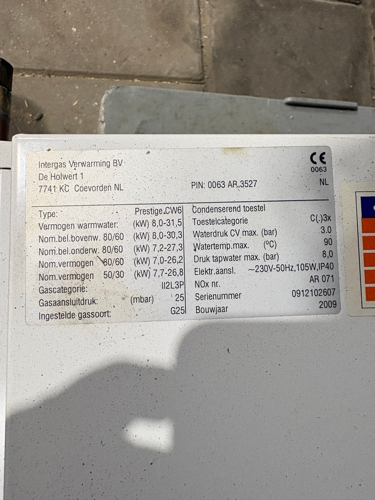Intergas Prestige CW6 CV-ketel - Bouwjaar 2009, Ophalen, Gebruikt, Hoog rendement (Hr), Cv-ketel of Combi-ketel