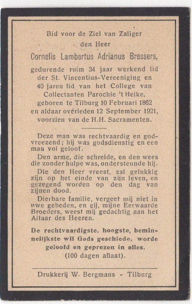 Cornelis Lambertus A. Bressers 1862 - 1921 Tilburg, 59 jaar, Ophalen of Verzenden