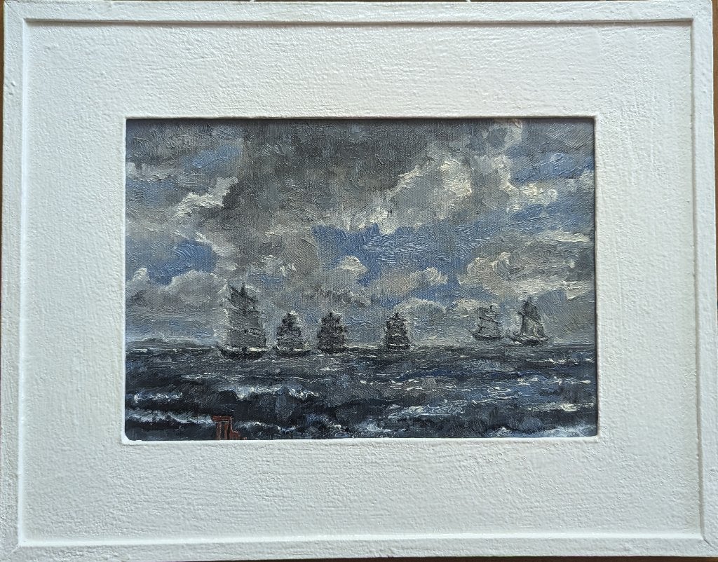“Schepen aan de horizon” Impressionisme, Landschap, Verzenden, Olieverf, Passe-partout