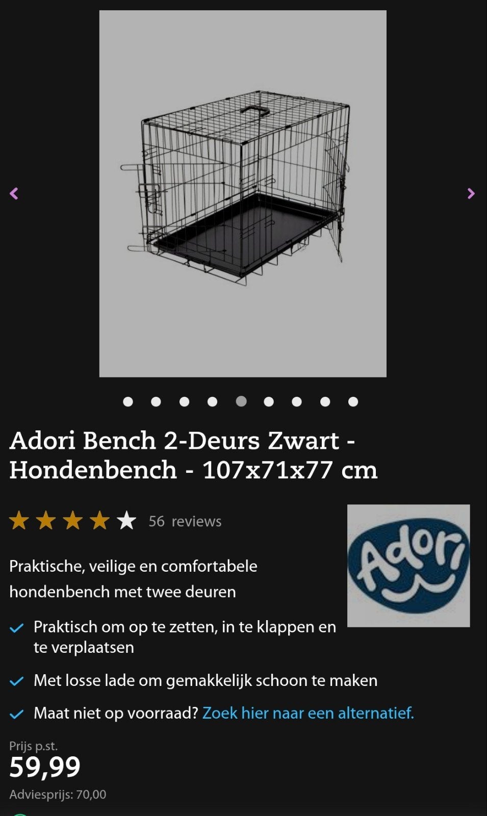 Adori Bench 2-Deurs Zwart - Hondenbench - 107x71x77 cm, Ophalen
