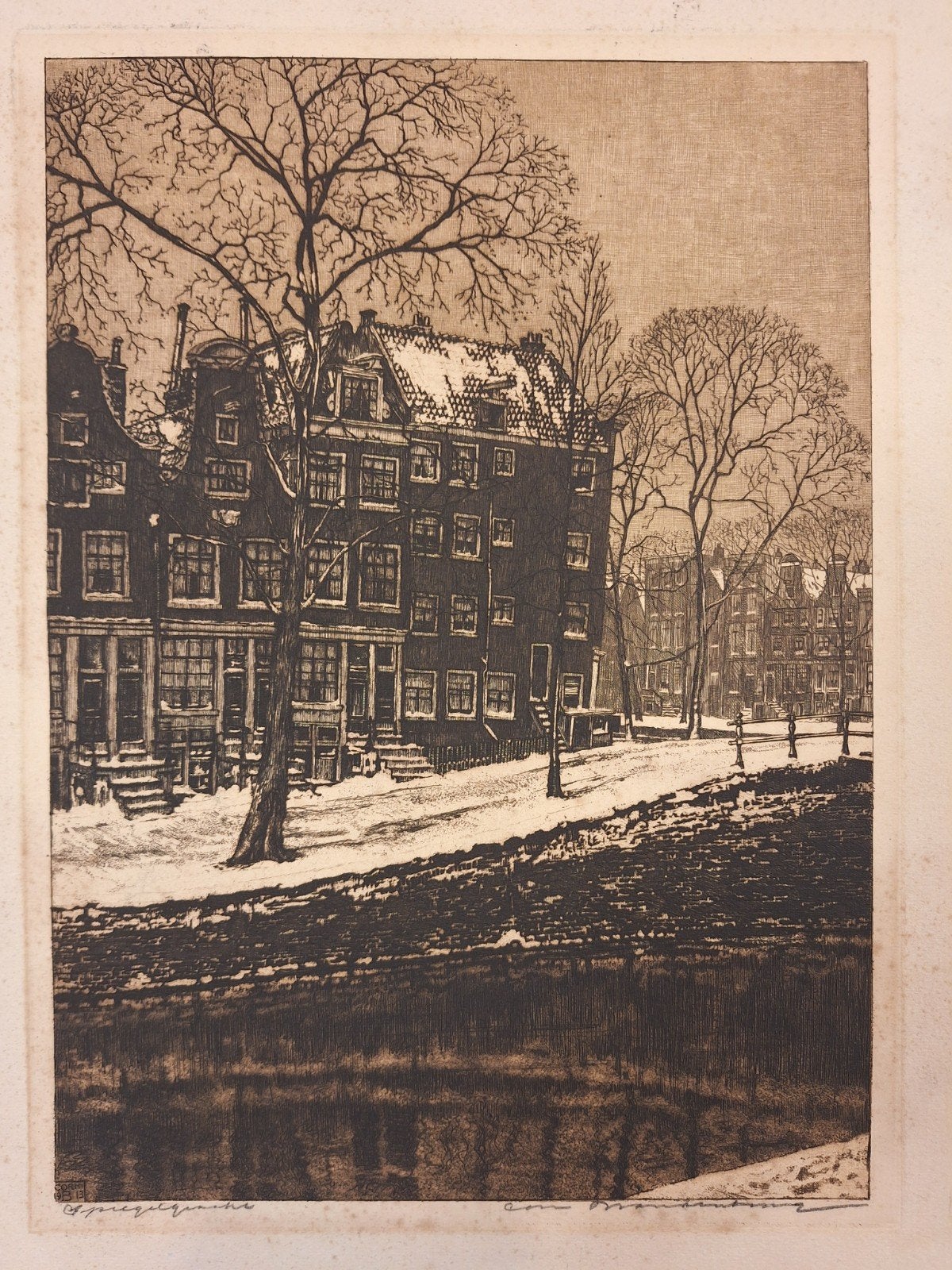 Ets Amsterdam in winter door Brandenburg, Ets, Stadsgezicht, Ophalen of Verzenden, Gesigneerd