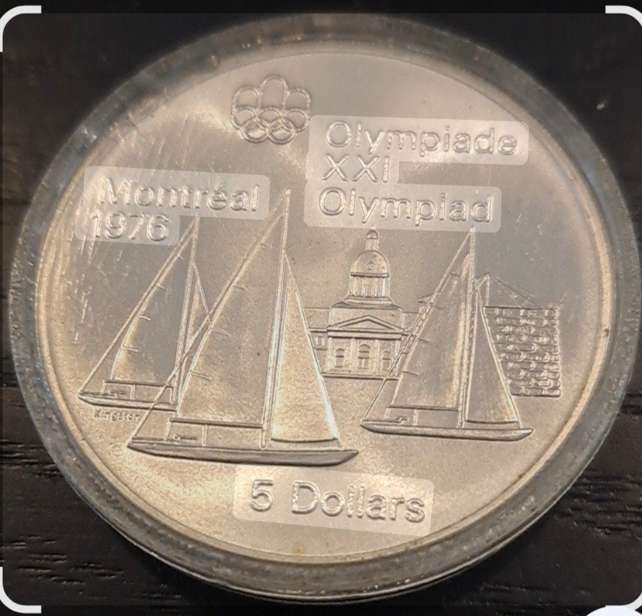 Zilveren 5 Dollar Munt Olympische Spelen Montréal 1976, Postzegels en Munten, Ophalen, Losse munt, Zilver
