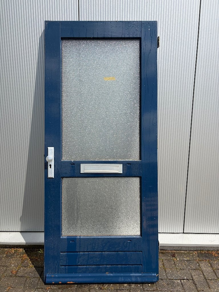 Hardhouten buitendeur blauw matglas + brievenbus |92,5x210,5, Ophalen, Gebruikt, 80 tot 100 cm, Buitendeur
