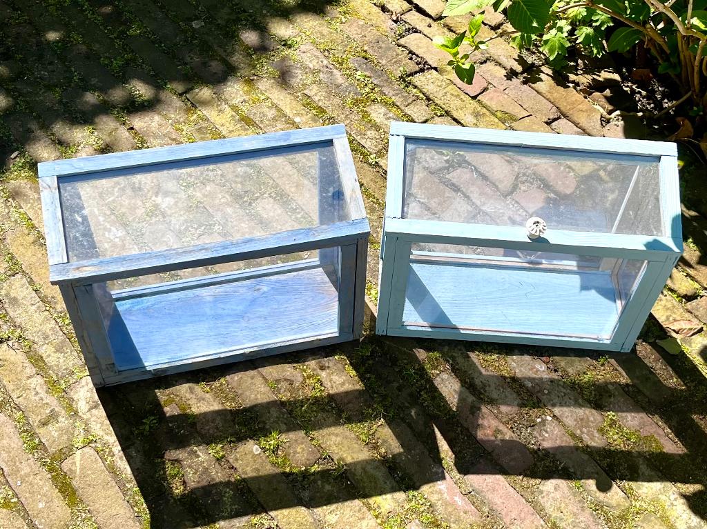 Twee kleine kweek kastjes blauw hout met glas, Tuin en Terras, Ophalen, Zo goed als nieuw, Kweekbak