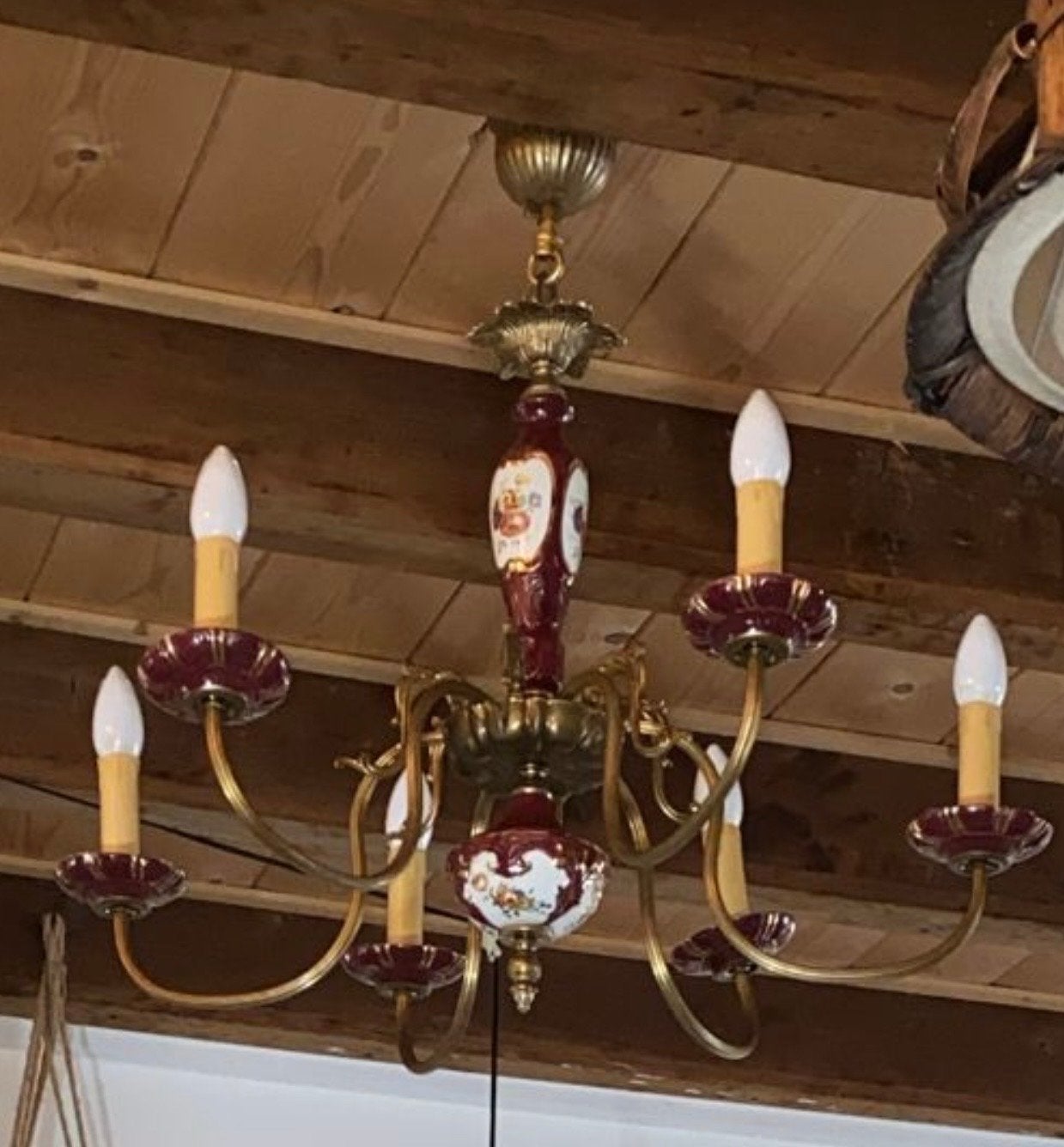 Vintage Italiaanse Kroonluchter met Porselein en Messing, Antiek en Kunst, Ophalen of Verzenden