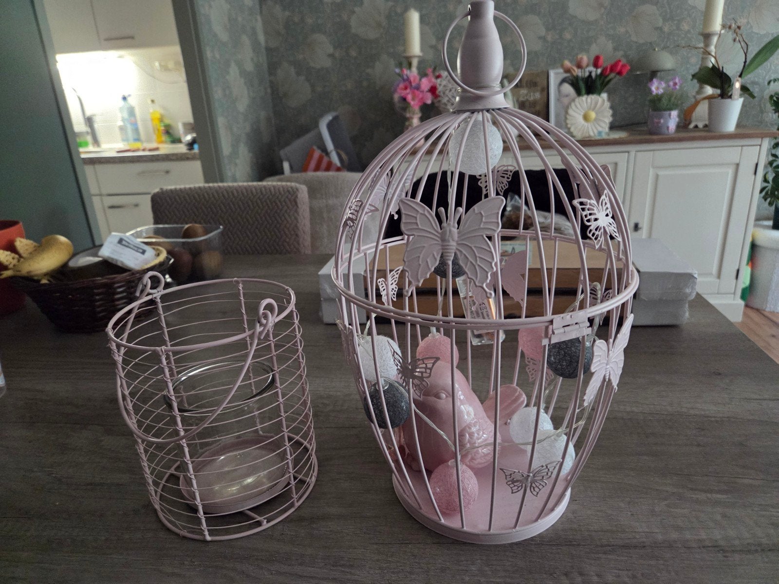 Roze sier vogelkooitje en kaarsenhouder, Huis en Inrichting, Ophalen, Zo goed als nieuw, Rond