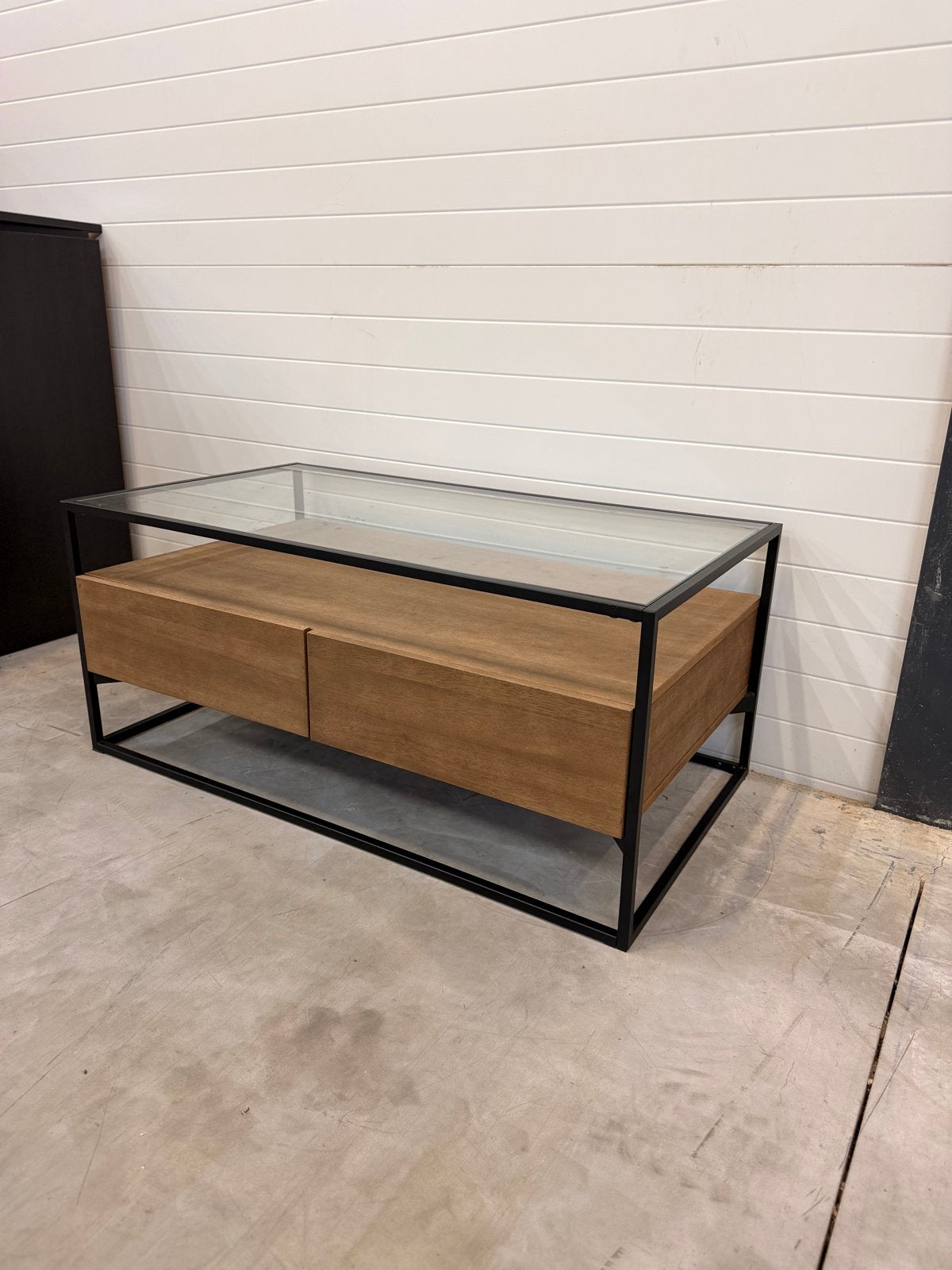 Zo goed als nieuwe salontafel met glas en hout, Ophalen, 50 tot 100 cm, 100 tot 150 cm, Glas