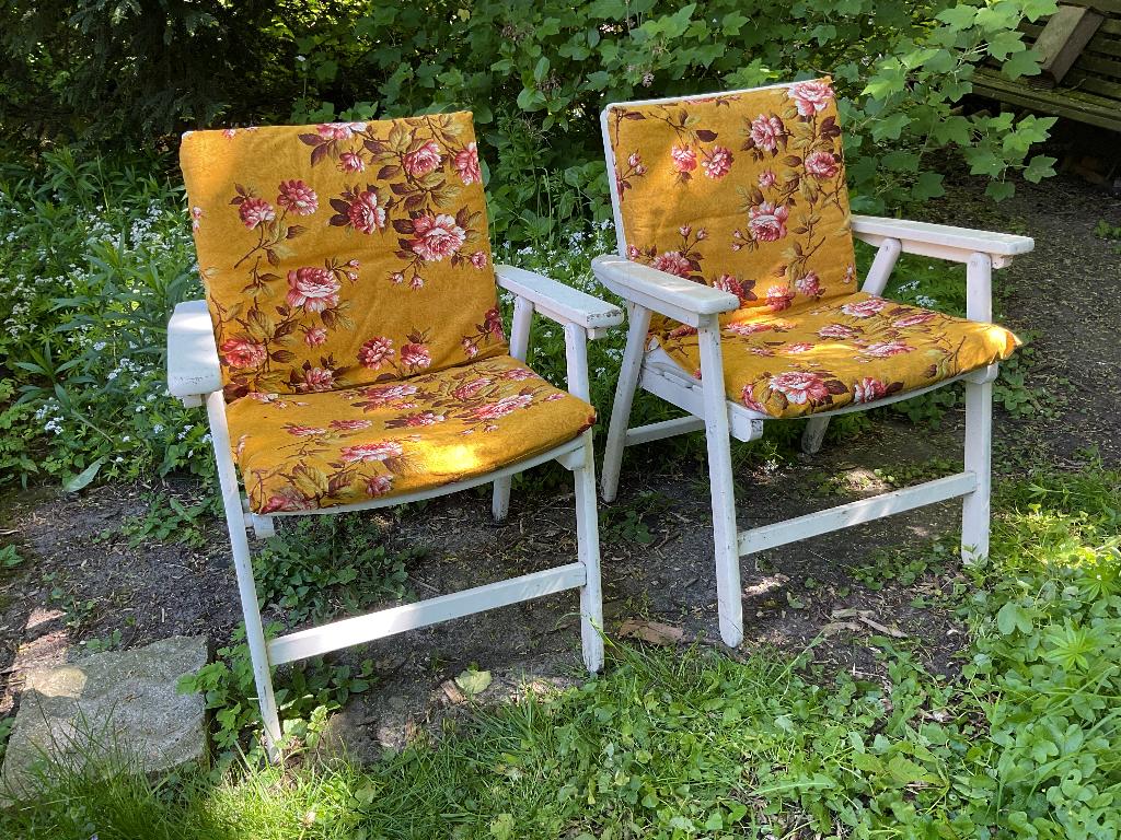 3 Tuinstoel Herlag met kussens bloemetjesgordijn, zit goed!, Tuin en Terras, Tuinstoelen, Ophalen, Gebruikt, Hout, Inklapbaar