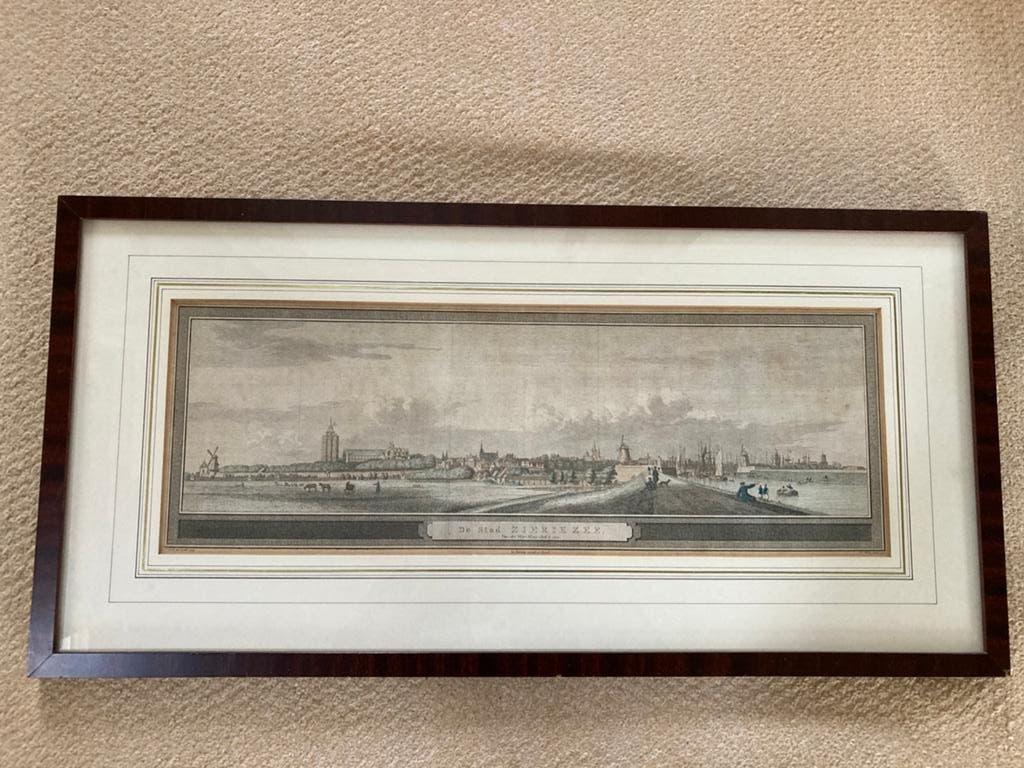 Stad Zierikzee, J.C.Philips, kleur, ingelijst, 1743, 46x16cm, Ophalen of Verzenden, Gravure, 1700 - 1799, Stadsgezicht