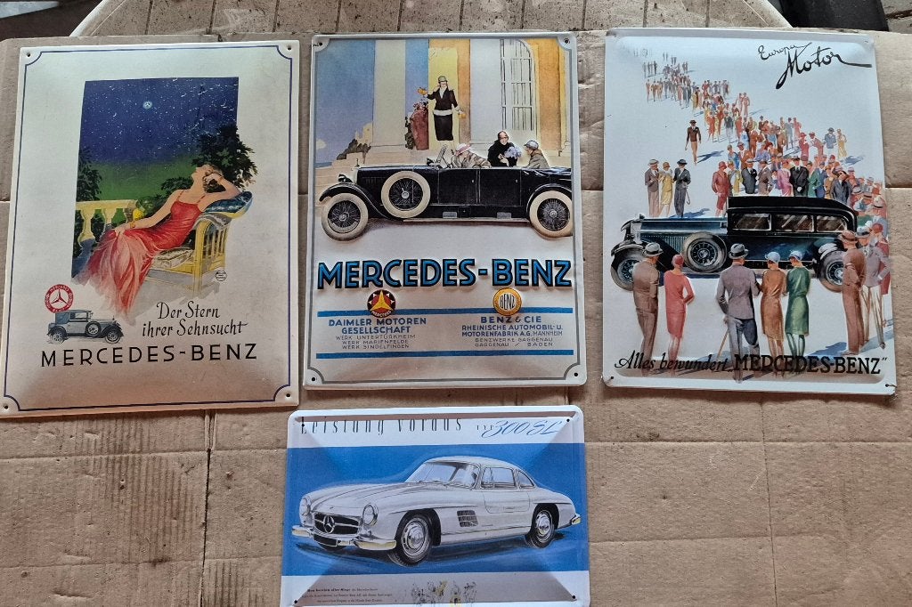 mercedes  benz vitage metalen  bord 4x, Ophalen of Verzenden, Zo goed als nieuw, Reclamebord