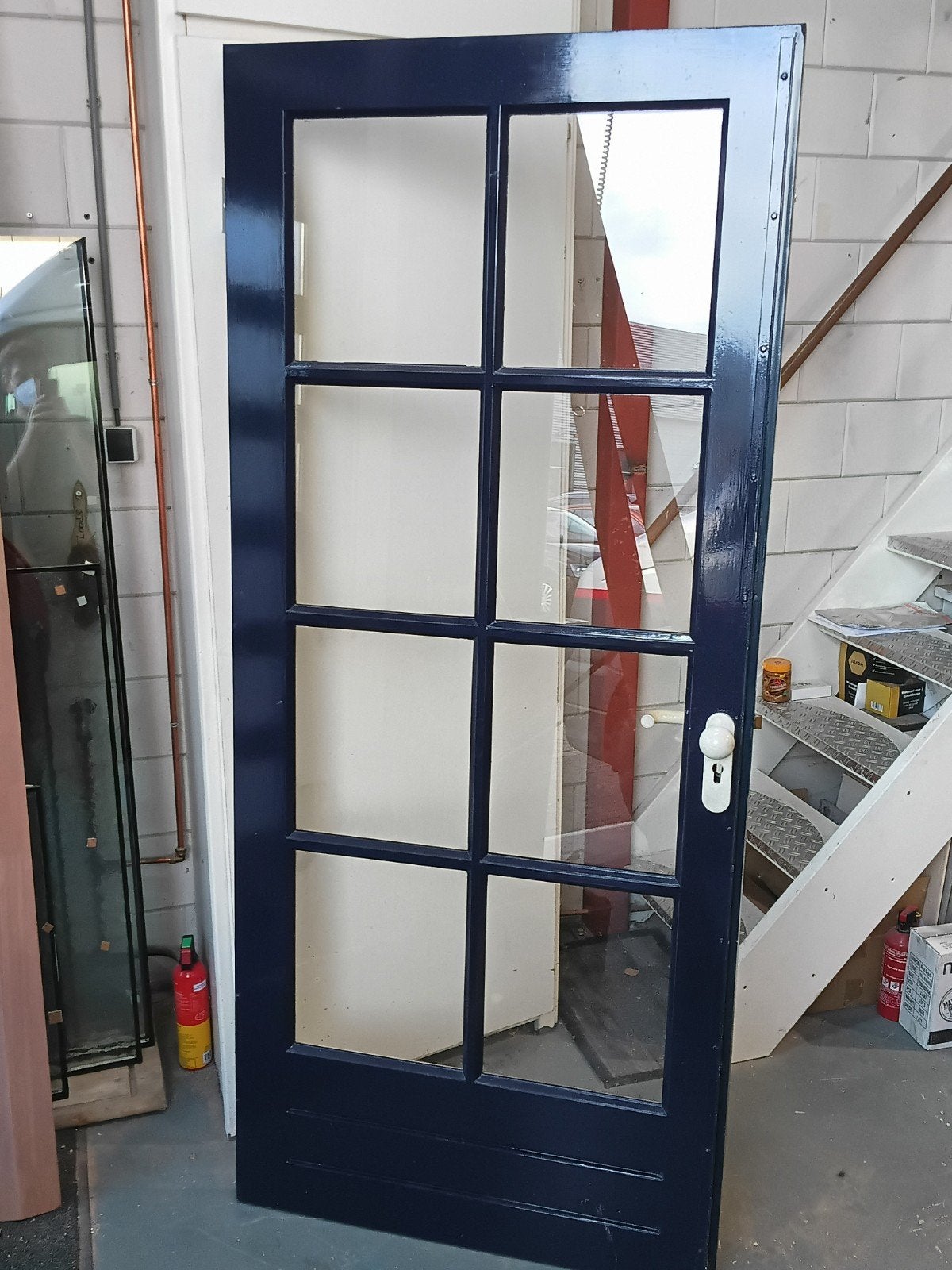 Donkerblauwe Binnendeur ( 92,5 x210 cm) met Glaspanelen, Ophalen, Gebruikt, Buitendeur, 200 tot 215 cm