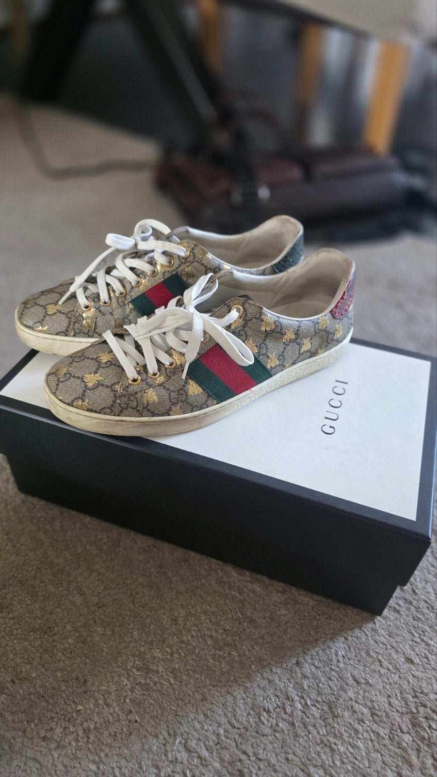 Gucci Ace sneakers met bijenprint, maat 41/5, Beige, Ophalen of Verzenden, Gedragen, Gucci
