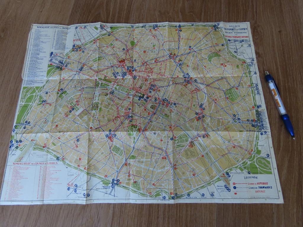 antieke plattegrond Parijs: bus-, tram- en boot, 1924, Gelezen, Verzenden, Frankrijk, Landkaart