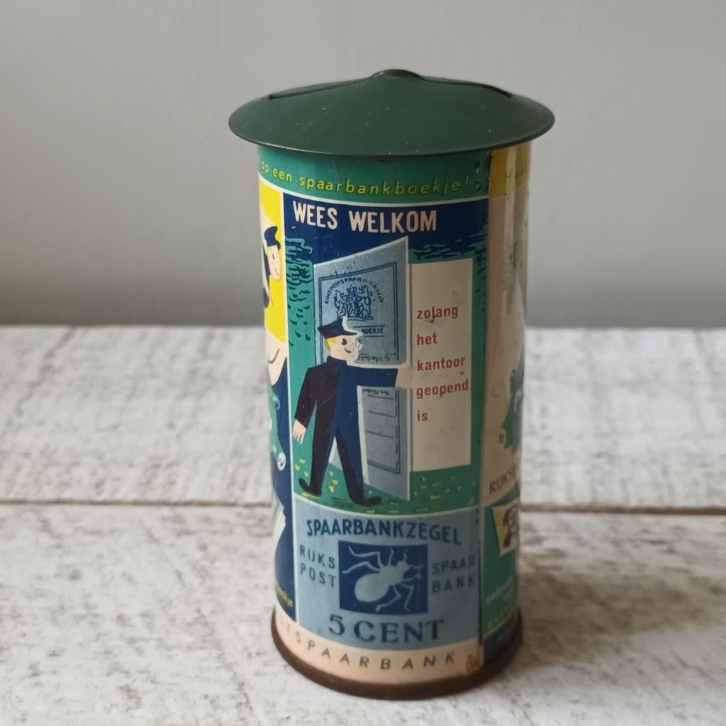 Vintage Rijkspostspaarbank spaarpot blik, Verzamelen, Spaarpotten, Ophalen of Verzenden, Gebruikt, Metaal of Blik, Overige thema's