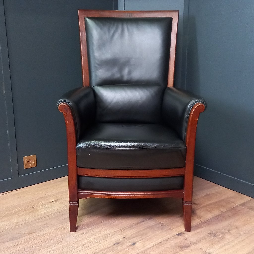 Blauwe Vintage fauteuil in Art Deco stijl, Huis en Inrichting, Fauteuils, Gebruikt, Minder dan 75 cm, Leer, Ophalen of Verzenden
