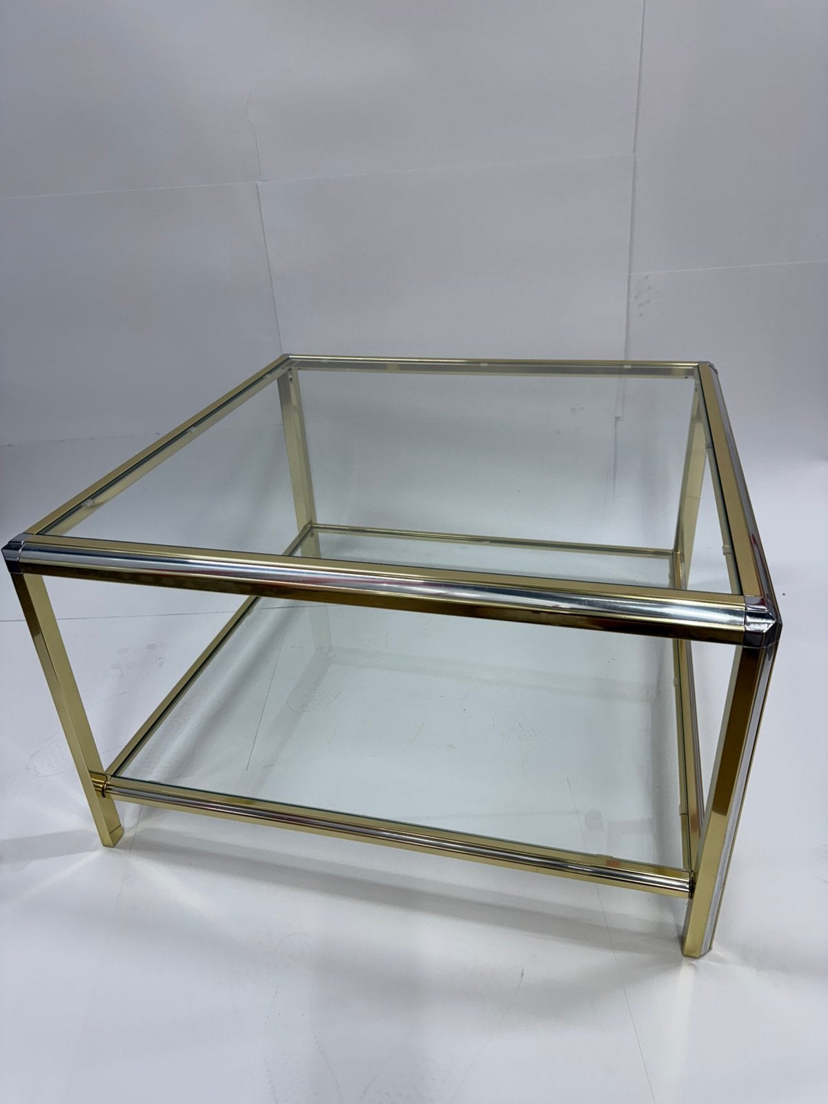 Hollywood Regency salontafel | messing zilver dubbel glas, Huis en Inrichting, Tafels | Salontafels, Ophalen, 50 tot 100 cm, Vierkant