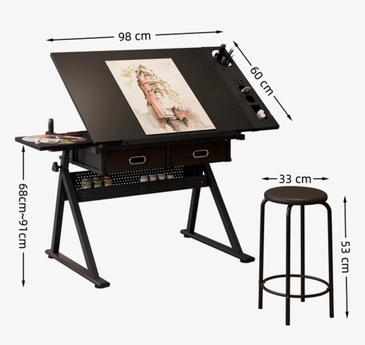 Tekentafel met verstelbaar blad en opbergruimte, Ophalen, Gebruikt, Minder dan 130 cm