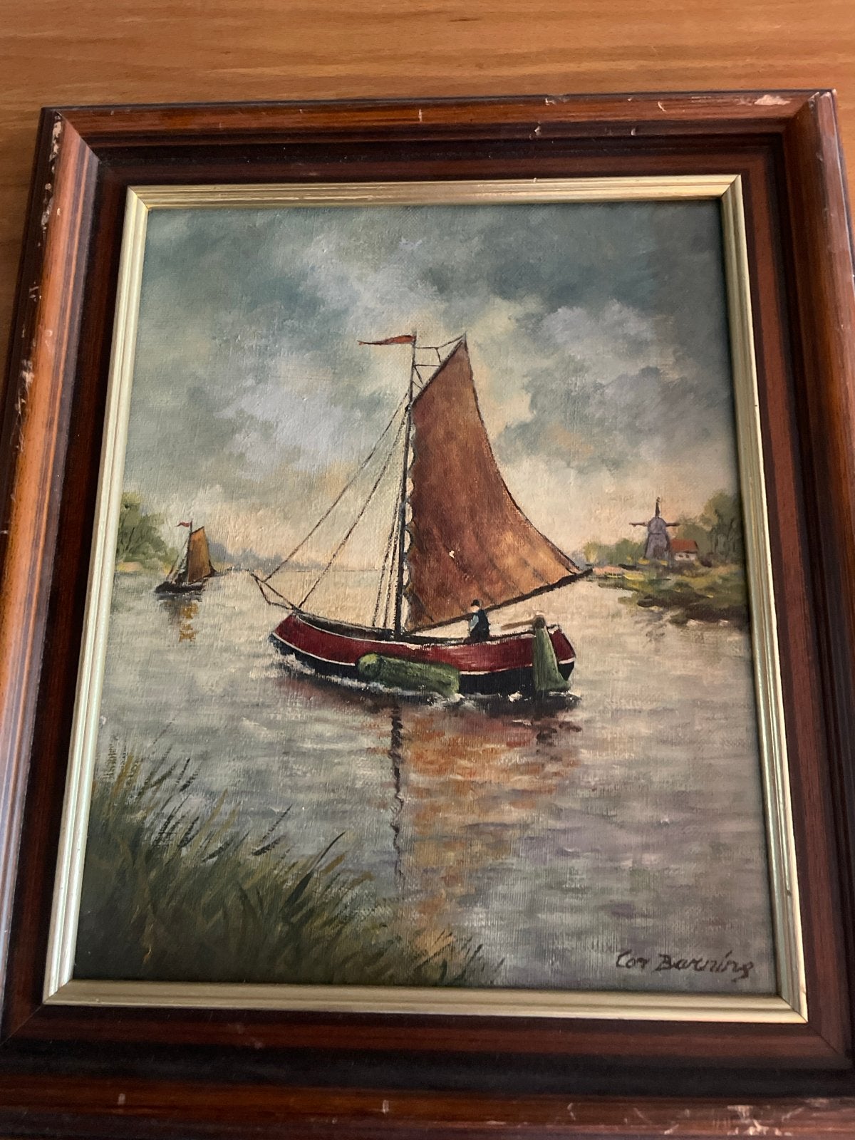 Schilderij van Cor Barning: Zeilboot op het water, Maritiem / water, Doek, Ophalen of Verzenden, Gesigneerd
