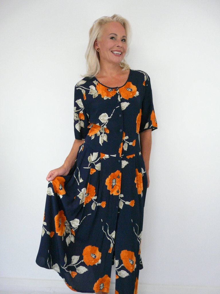*Abfab Vintage Donkerblauwe Jurk met Oranje Bloemen 46*, Blauw, Maat 46/48 (XL) of groter, Ophalen of Verzenden, Zo goed als nieuw
