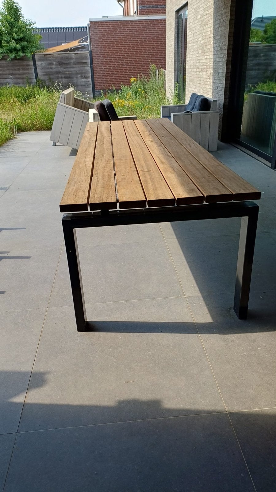 Tuintafel van Jatoba tropisch hardhout met stalen onderstel, Tuin en Terras, Tuintafels, Gebruikt, Rechthoekig, Hout, Ophalen