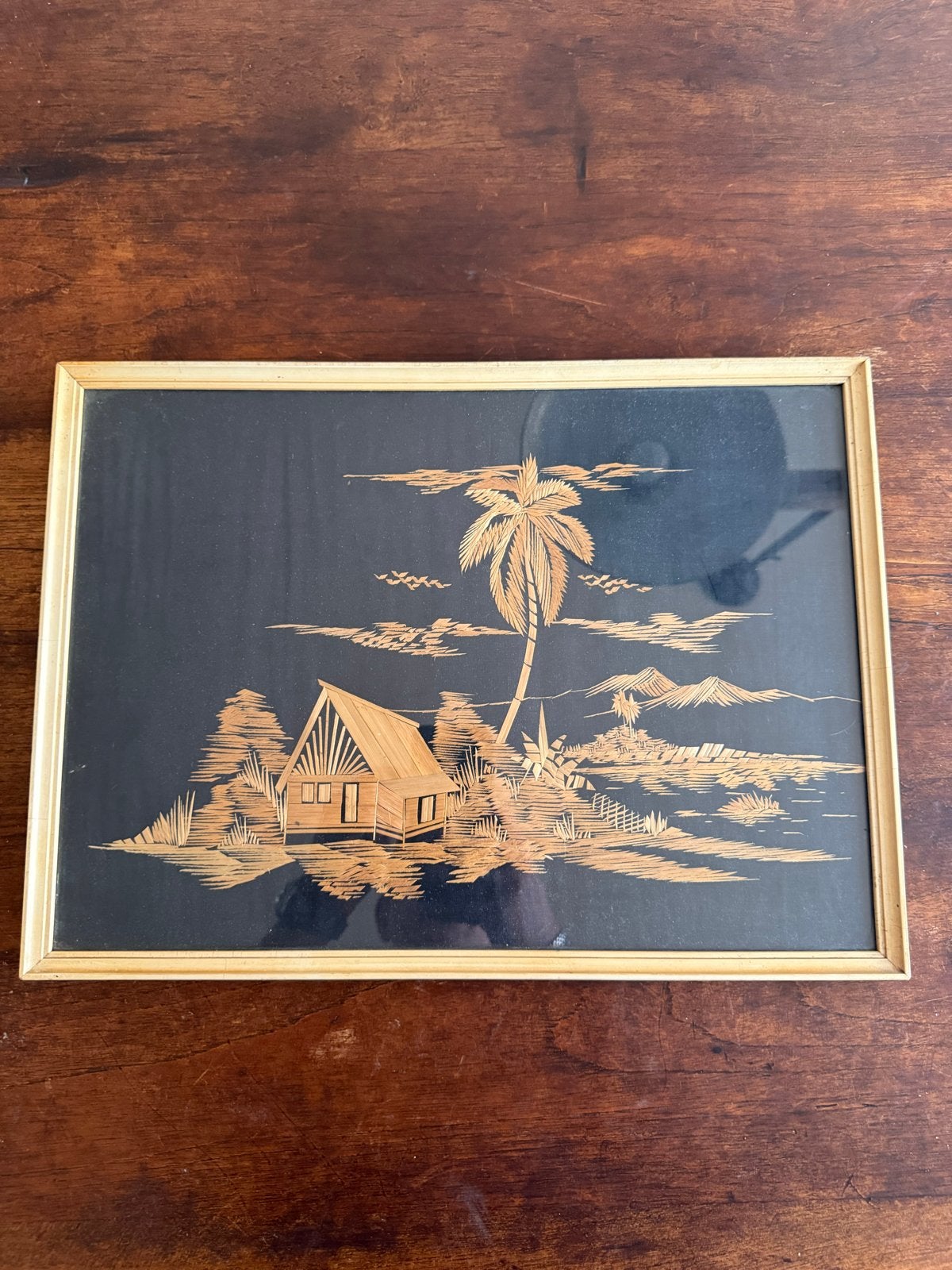 Vintage strokunst schilderij - Tropisch tafereel, Ophalen