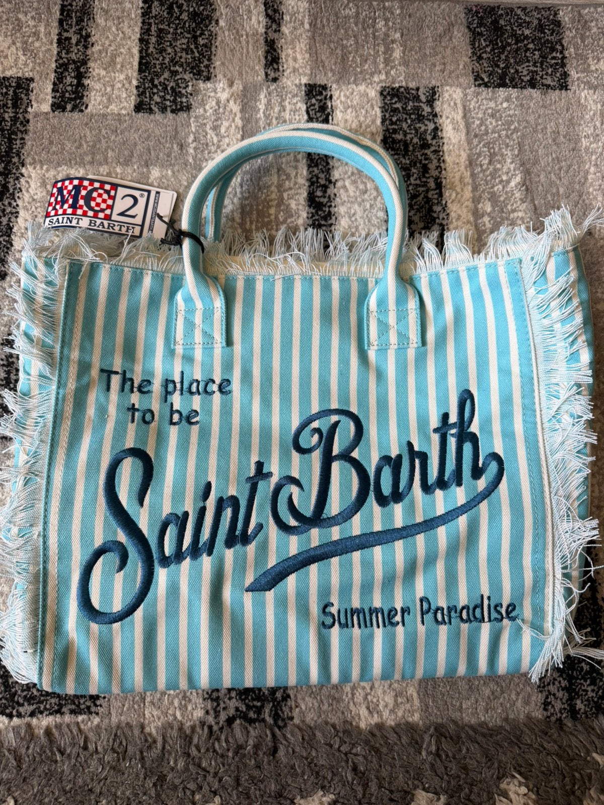 Lichtblauw gestreepte canvas strandtas – Ibiza shopper, Ophalen of Verzenden, Nieuw, Blauw, Shopper