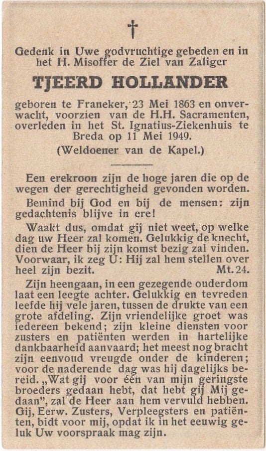 Tjeerd Hollander 1863 Franeker + 1949 Breda, 85 jaar oud, Verzenden