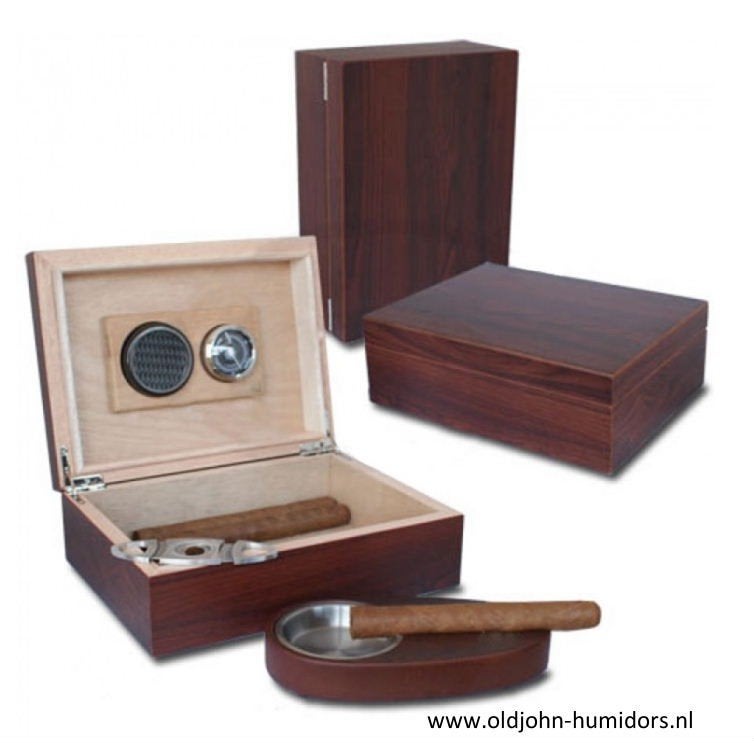 MERK HUMIDOR STARTSET KADOSET MAT WALNOOT ASBAK KNIPPER  h76, Verzamelen, Rookartikelen, Aanstekers en Luciferdoosjes, Verzenden