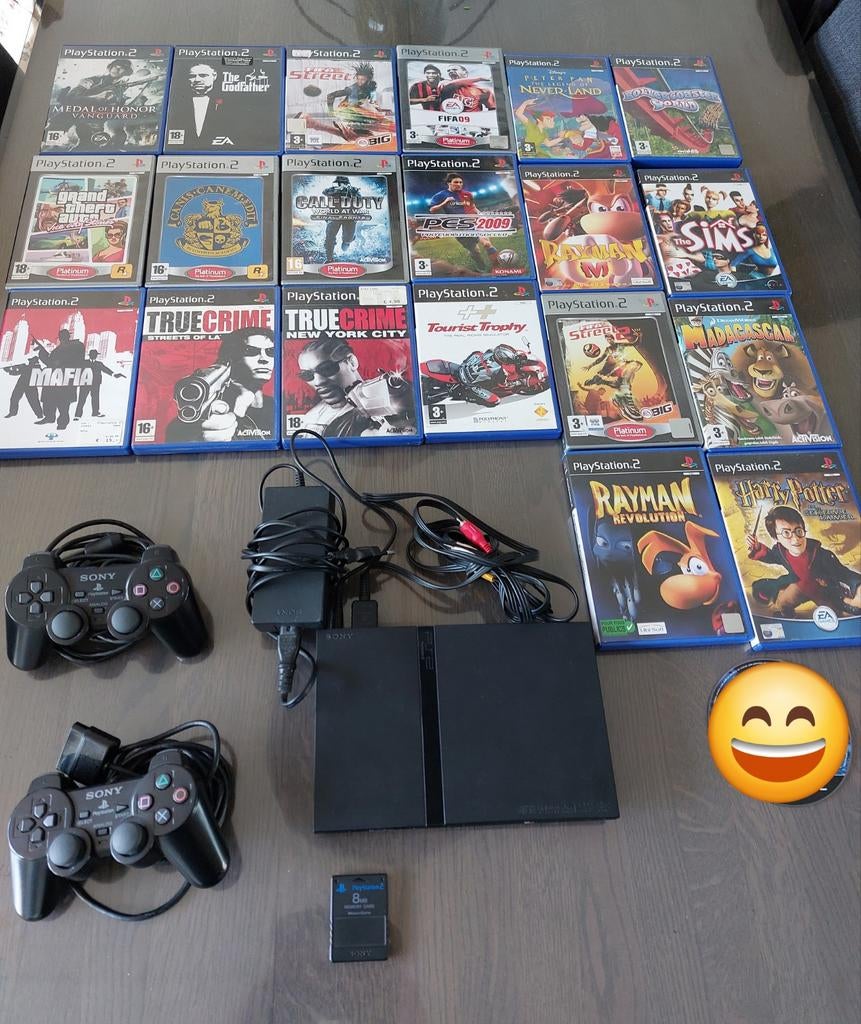 PlayStation 2 met 20 games, 2 controllers, Spelcomputers en Games, Spelcomputers | Sony PlayStation 2, Gebruikt, Zwart, Met games