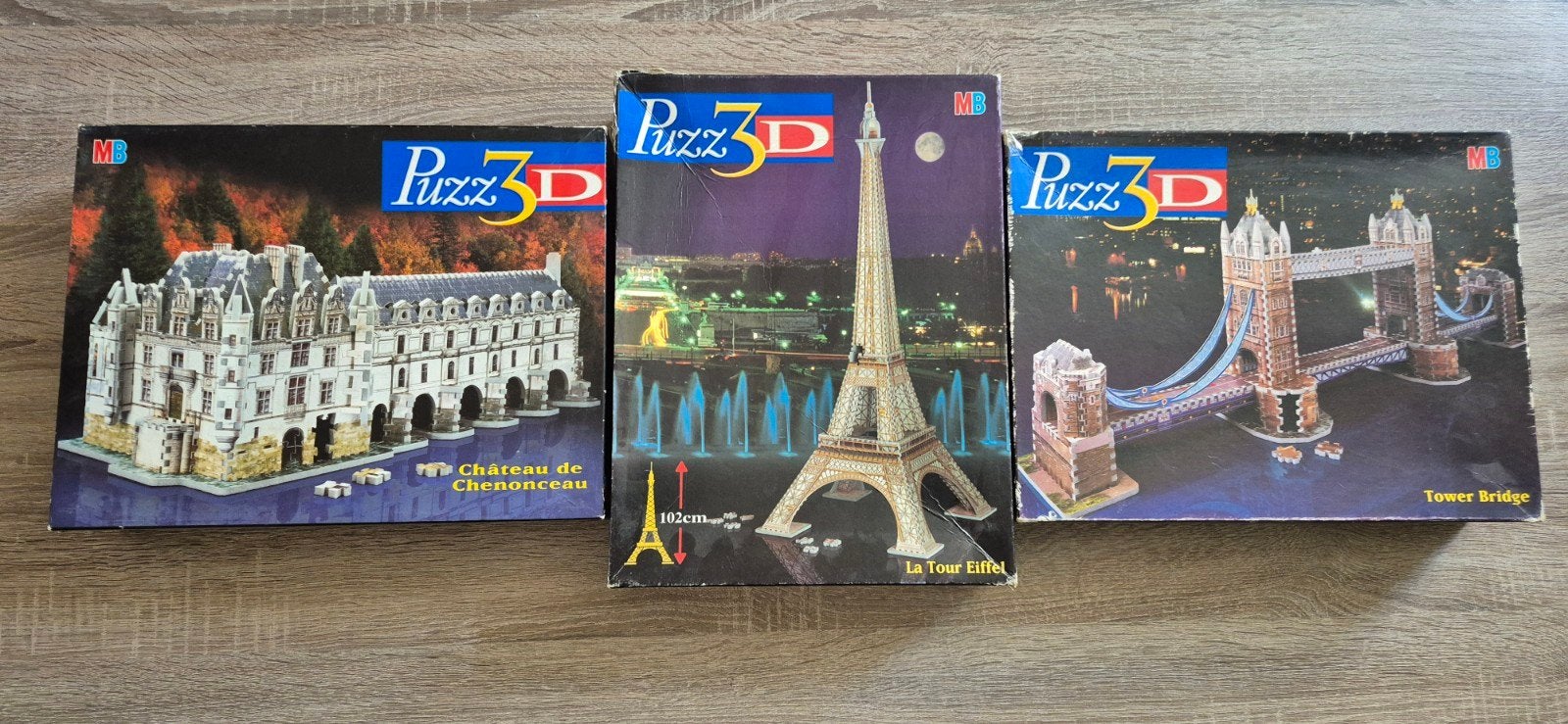 MB Puzz 3D set: Eiffeltoren, Tower Bridge, Chenonceau, Ophalen of Verzenden, 500 t/m 1500 stukjes, Gebruikt, Rubik's of 3D-puzzel