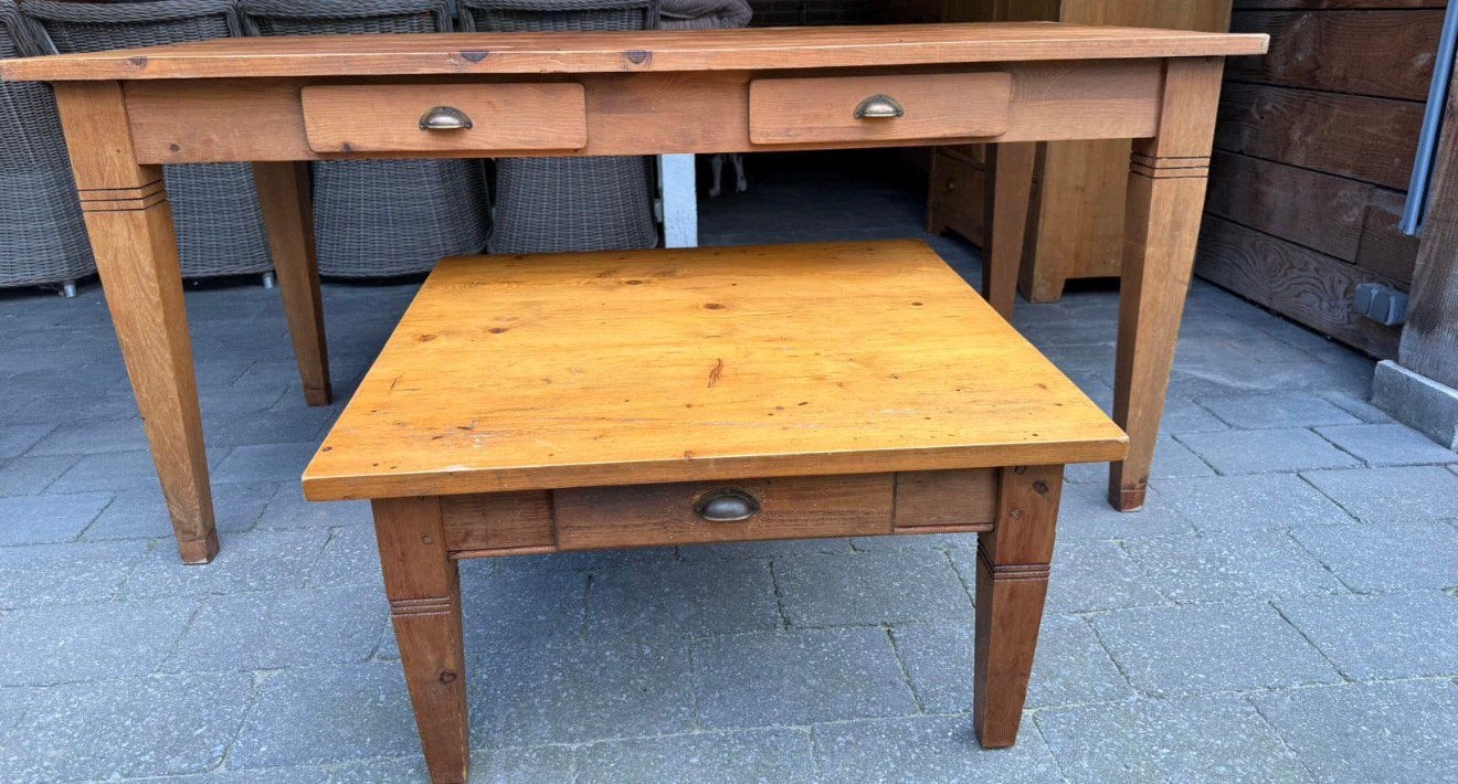 Hele zware oud geloogd grenen tafel eettafel salontafel set, Ophalen