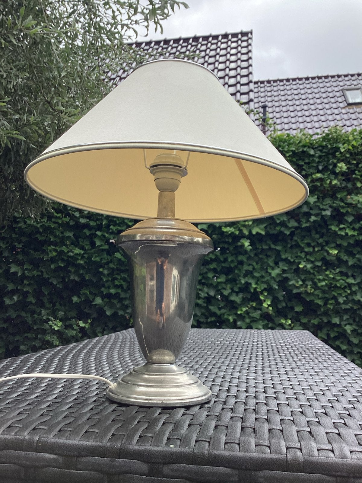 Vintage tafellamp met stoffen kap, Overige merken, Gebruikt, E27 (groot), Zilver