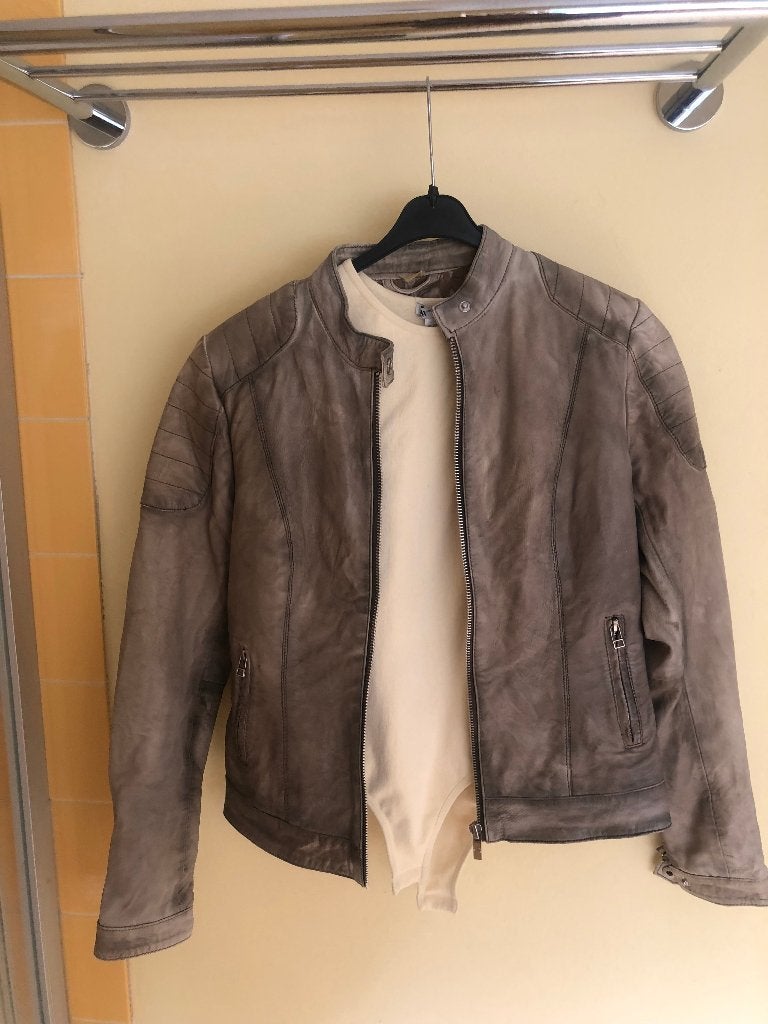 leren jacket Goosecraft biker128 grijs/creme mt S dirty wash, Goosecraft, Verzenden, Maat 36 (S), Grijs