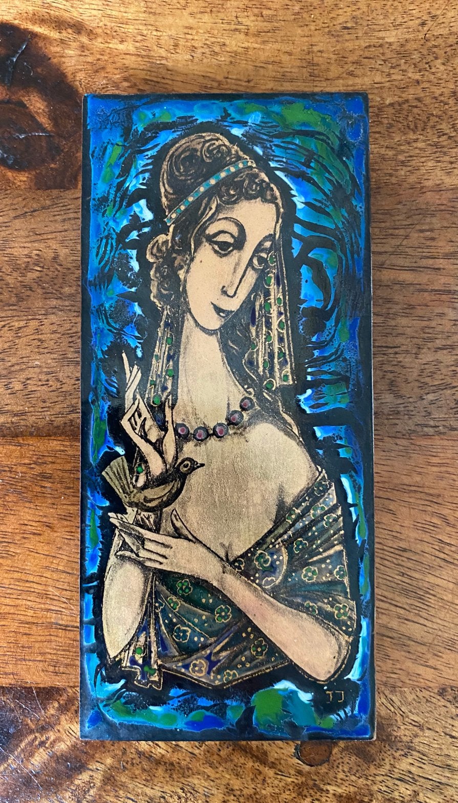 Vintage Emaille Kunstwerk: Vrouw met Vogel, Antiek en Kunst, Kunst | Schilderijen | Klassiek, Ophalen of Verzenden